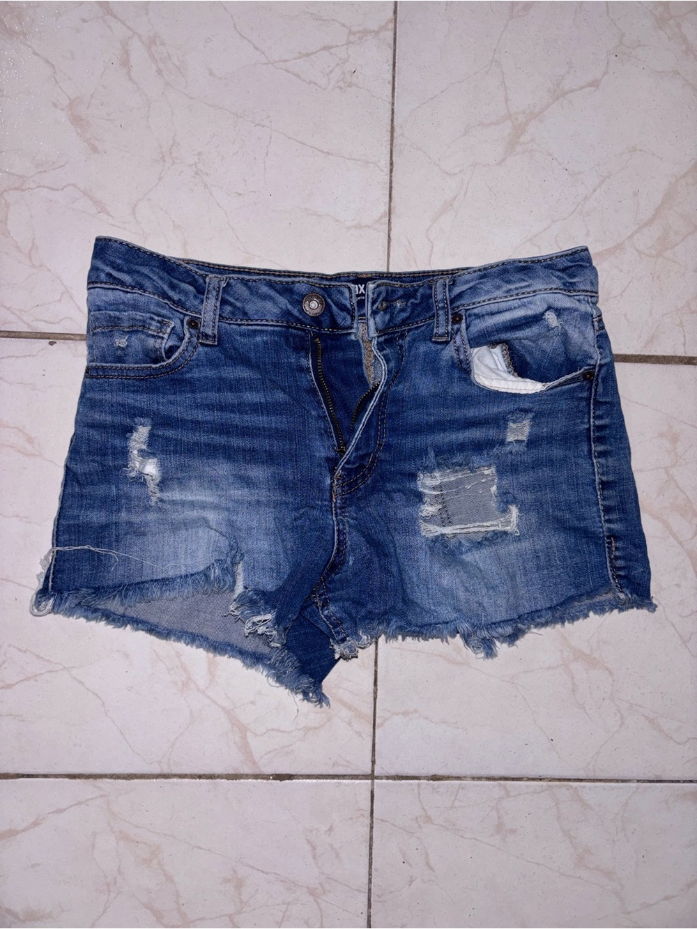 Damaged Hem Blue Denim Women's Shorts